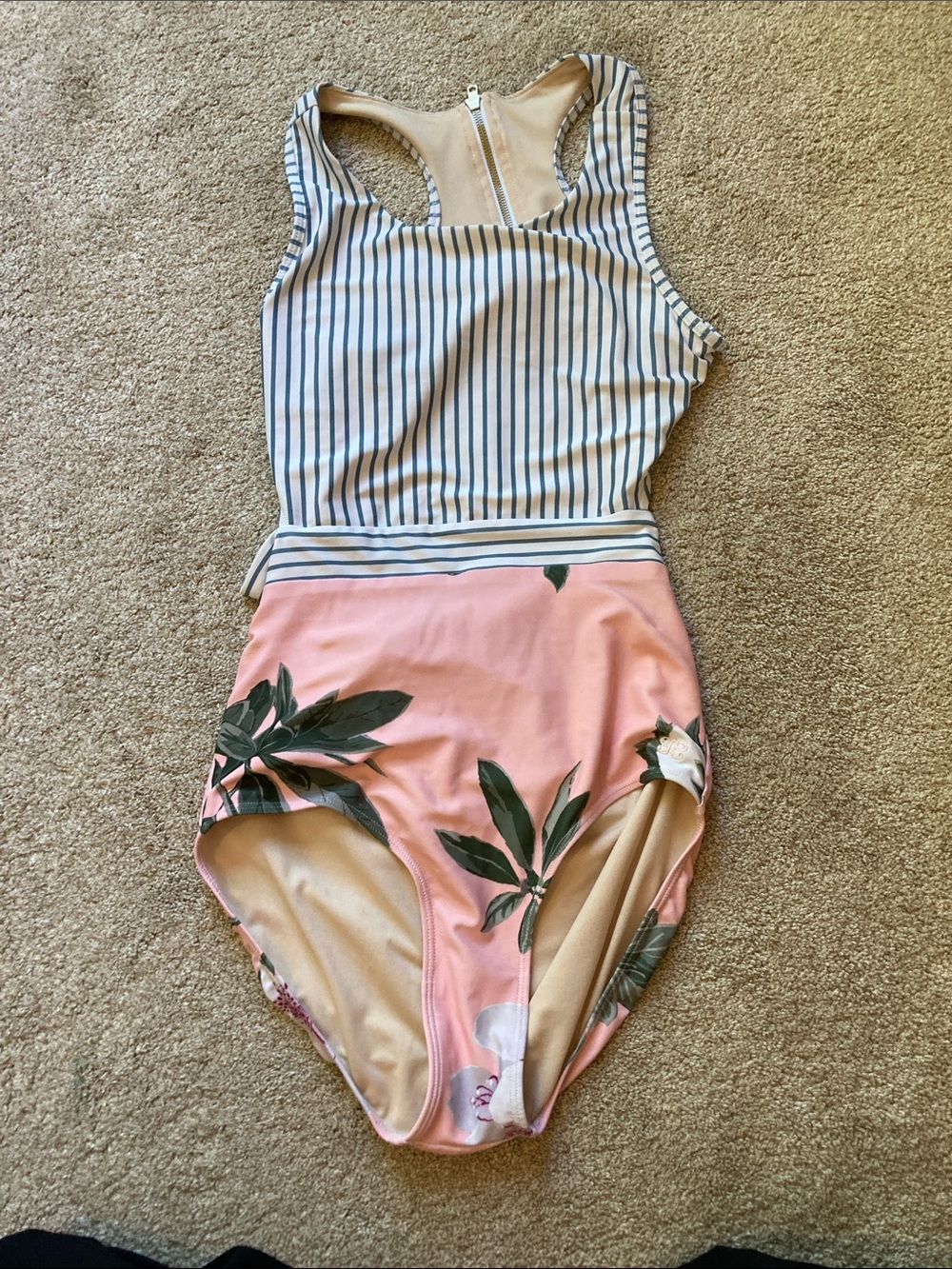 Albion Striped Racerback One-Piece Swimsuit with Pink Floral Bottom
